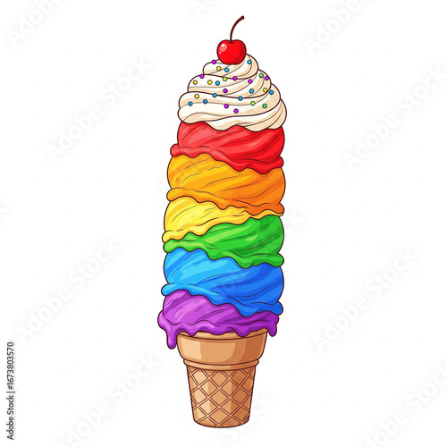 A whimsical and playful vector illustration of an impossibly tall ice cream cone in rainbow colors