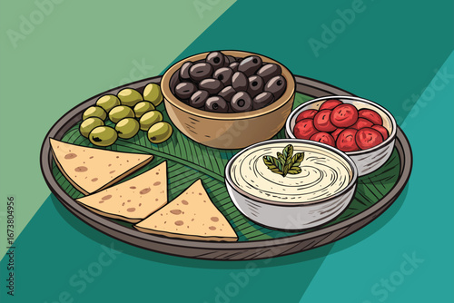 A vibrant, traditional mezze platter overflowing with creamy hummus, briny olives, pita bread, baba ghanoush, falafel, stuffed grape leaves, fresh vegetables, and herbs.