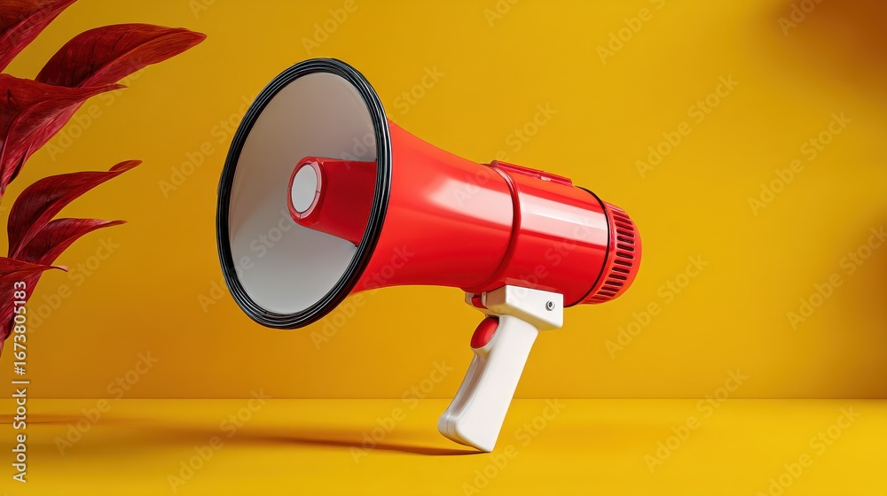 Fototapeta premium Bright Red Megaphone on Vibrant Yellow Background with Green Plant Accents for Attention-Grabbing Advertising and Public Speaking Concepts