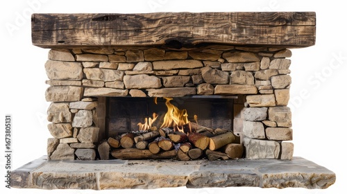 Rustic stone fireplace with burning logs