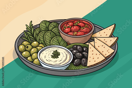 Vibrant, authentic Mediterranean mezze platter showcasing creamy hummus, briny olives, baba ghanoush, pita bread, and fresh herbs.