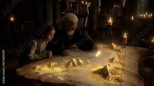 Wise elder teaches young apprentice secrets of an ancient map by candlelight sharing knowledge legacy this moment symbolizes passing wisdom creating a story of adventure discovery