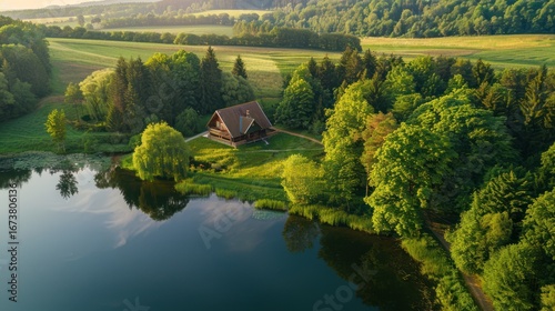 Serene lakeside house scenic view