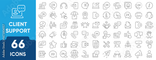 Customer Support Line Icon Set. Set of 66 outline icons including support agents, chat, troubleshooting, feedback, help desk, and service tools. Editable stroke. Linear vector illustration.