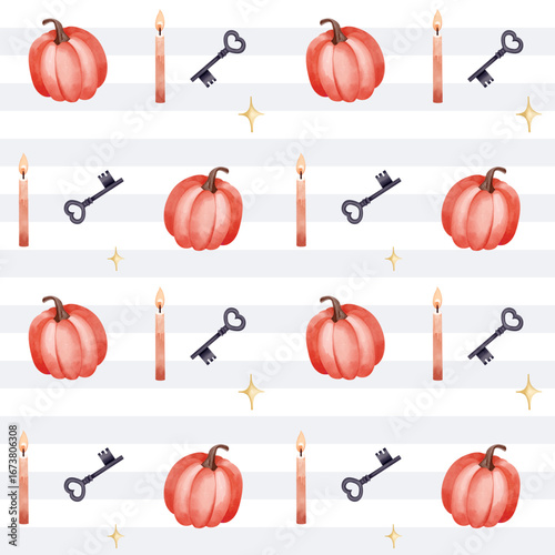 Watercolor seamless pattern with pumpkins, candles and keys. Halloween magical background