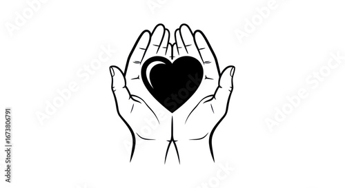 Hands holding a black heart, symbol of love and care.