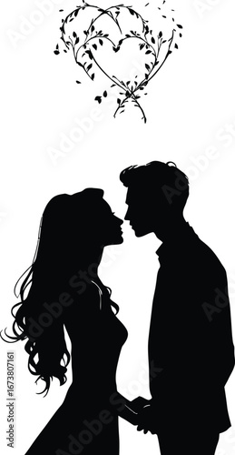 Silhouette of Romantic Couple Holding Hands Beneath Heart-Shaped Branches with Birds — Symbolic Love and Nature Illustration