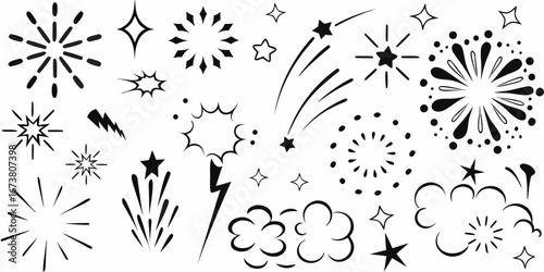 Collection of black and white hand drawn graphic elements including fireworks stars lightning bolts and comic book style explosions