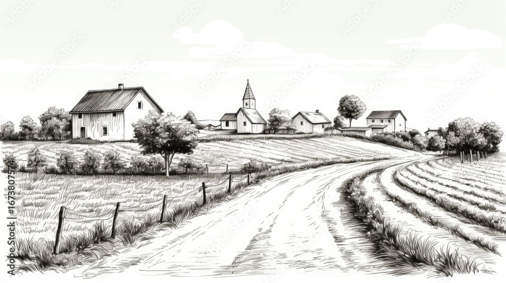 Naklejka premium Rural landscape with vineyard and houses isolated on white background 