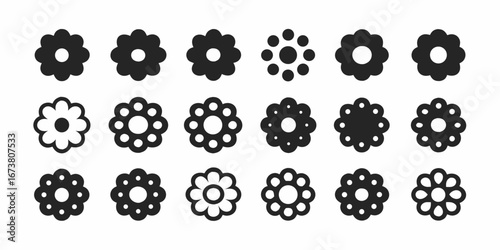 Collection of simple black flower icons with various petal designs and arrangements on a white background