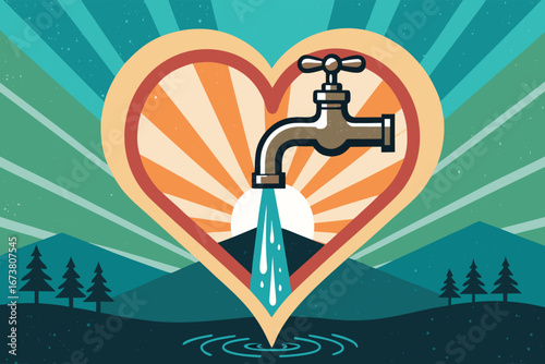 Glowing faucet, dripping water, earth silhouette, green leaf, conservation message, responsible water use, saving planet.
