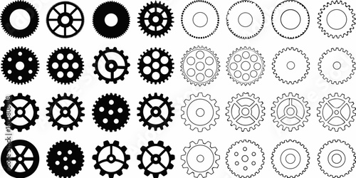 Collection of diverse gear icons and mechanical elements in black and white