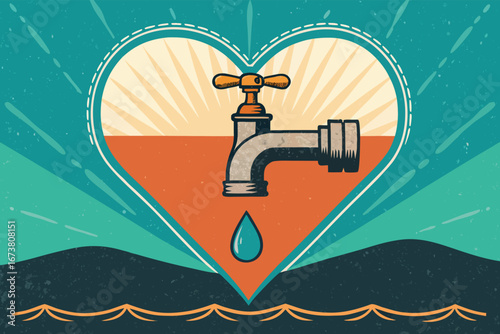 Glowing faucet on a cracked, dry earth, illustrating vital water conservation, save water.