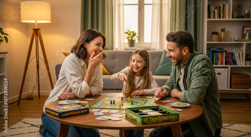 Happy Family Playing Board Game in Cozy Living Room