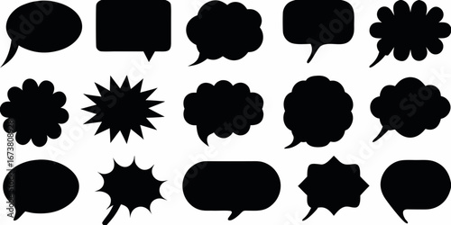 Collection of diverse black speech bubble shapes and thought bubbles for communication and design
