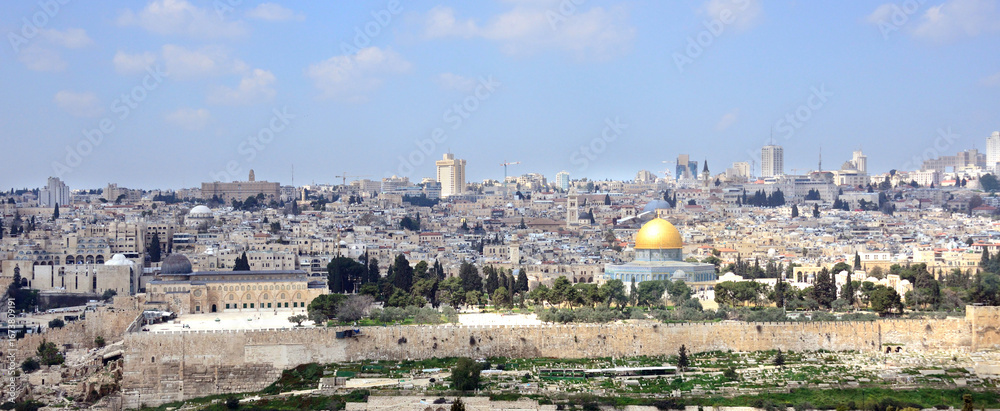 Fototapeta premium View from Mount Zion on the skyline of Jerusalem old city, eternal city of ancient, medieval, Victorian and modern cultures, architecture, religious. Sky area is free for your text
