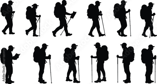 Silhouettes of hikers with backpacks and trekking poles, outdoor adventure, mountain trail, nature exploration, active travel, wilderness hike, trekking journey, map reading, forest hiking