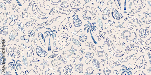 Seamless hand drawn doodle pattern of summer beach vacation elements in blue ink on a light background