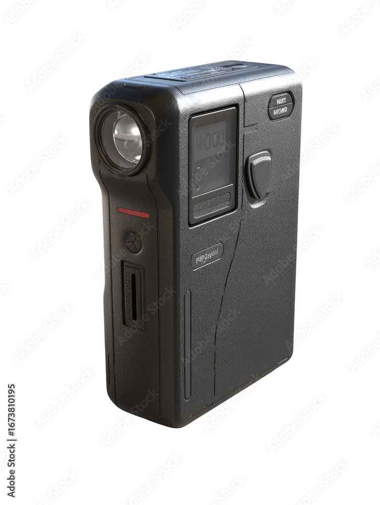 Obraz premium Compact, dark gray, rectangular device with a built-in flashlight and potentially other functions