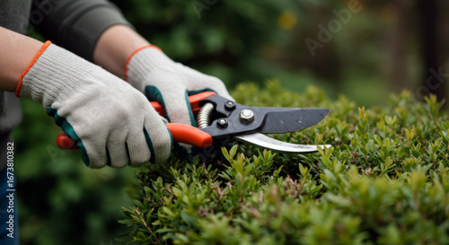 gardener trimming bushes with pruning shears for landscaping guides, spring maintenance tips, and DIY blogs, outdoor macro format, green color palette