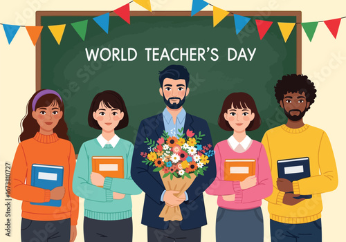 Flat illustration of world teachers day celebration with teachers holding books and flowers in front of a decorated blackboard, symbolizing education and appreciation