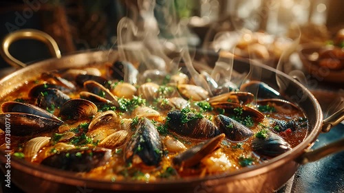 Aromatic seafood stew simmering in a copper pot, featuring fresh mussels, clams, and herbs, creating a flavorful culinary experience