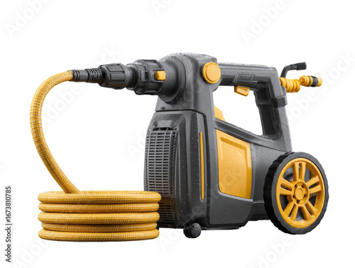 Portable, cordless pressure washer with coiled hose.  Grey and yellow body,  wheels for mobility.  Compact design