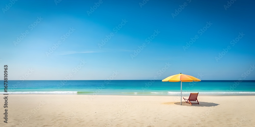 Fototapeta premium Tranquil beach minimalism features a lone chair under a vibrant umbrella on a serene shoreline at midday beach, minimalism, solitude, relaxation, umbrella, chair, ocean, waves, sand, shore, tranquilit