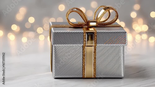 Silver gift box with gold ribbon represents holiday celebration and giving