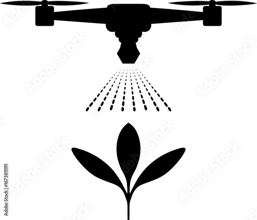 Crop Sprayer Drone Icon. Black and white vector symbol for agricultural spraying. Glyph for smart farming and precision agriculture technology.