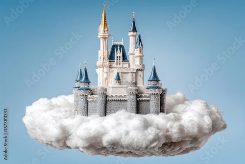 White castle floats on fluffy cloud against blue sky