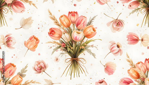 Seamless floral pattern with a beautiful bouquet of clean watercolor tulips and dry grass on a white background.