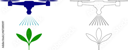 Agricultural Drone Crop Spraying Vector Set. Includes colored and outline illustrations of a drone spraying a plant. Concept for smart farming and precision agriculture.