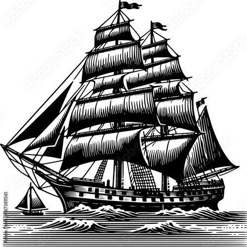 Sailing the Sea: A classic black and white illustration of a majestic tall ship sailing the ocean.