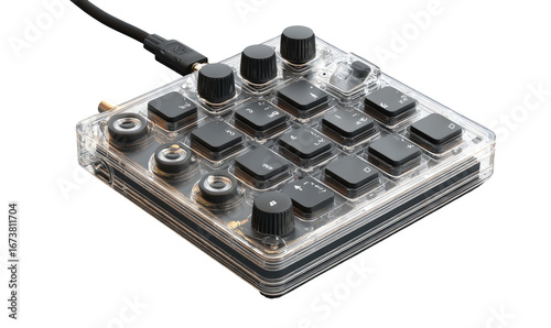 Small, square, transparent enclosure houses a modular synthesizer controller.  Several knobs and buttons are visible.  USB cable connects to device