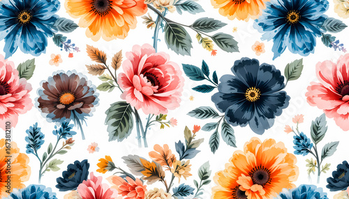 Seamless floral pattern featuring vibrant wildflowers and lush leaves in a modern, high-contrast watercolor style on a clean white background.