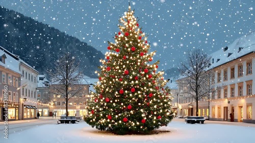 Large decorated christmas tree standing in a snowy town square with illuminated buildings and gently falling snow