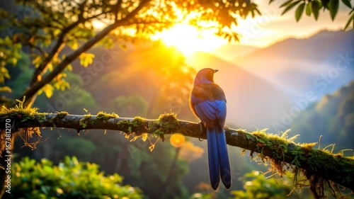 Beautiful blue bird sunrise forest
