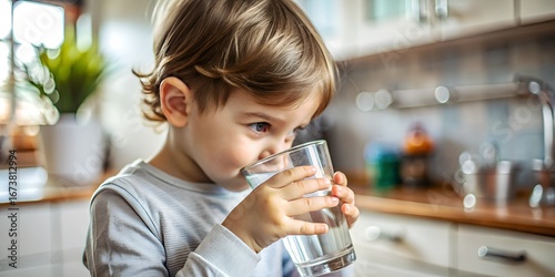 Child drinks water from a transparent glass in a bright kitchen while enjoying a refreshing moment during the day child, water, kitchen, glass, drinking, hydration, sunlight, moment, joy, activity, ho
