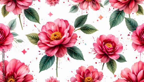 A high-resolution, seamless pattern of abstract watercolor camellia flowers, with vibrant splashes of paint on a clean white background.