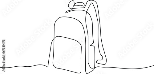 Backpack in continuous line drawing style. Rucksack black line sketch on white background. School bag for kindergarten student. Back to school, education concept. Vector illustration