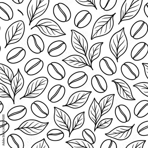 Seamless Pattern of Coffee Beans and Coffee Leaves in Black and White