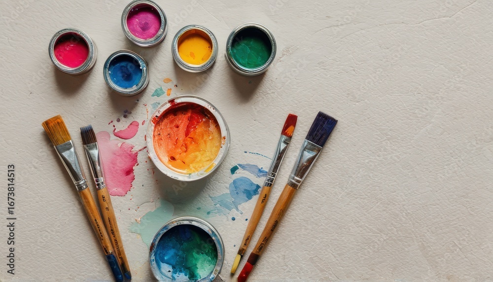 Fototapeta premium Artistic Flatlay of Paintbrushes and Watercolor Tubes