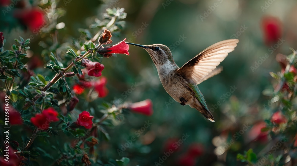 Fototapeta premium Lush Garden with Hummingbird Feeding on Bloom