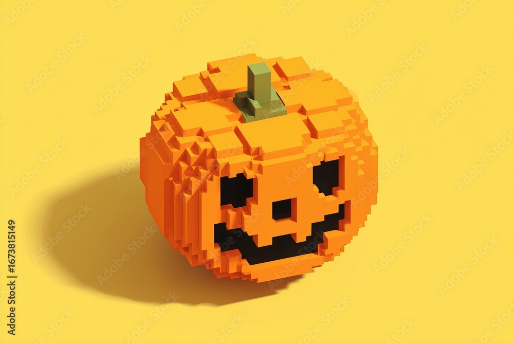 Fototapeta premium A vibrant, blocky pumpkin design made from LEGO bricks, showcasing a smiling face and a green stem.