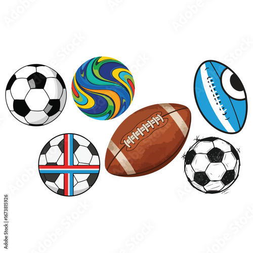 Colorful collection of various sports balls; soccer, rugby, and American football.