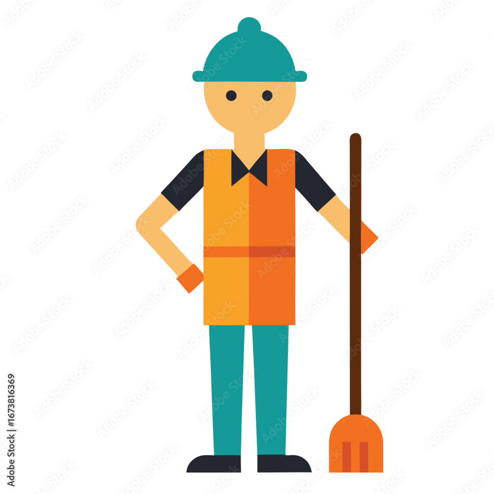 Flat vector illustration of a sanitation worker with a broom symbolizing cleanliness and public service presented in a modern clean style Flat vector illustration of a sanitation worker with a broom symbolizing cleanliness and public service presented in a modern clean style