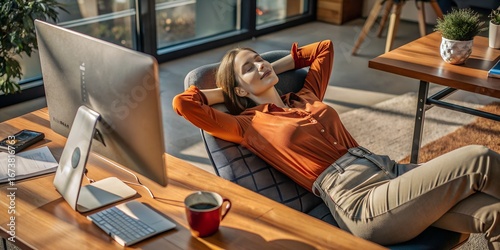 Woman relaxing in an office space during her break, enjoying a moment of peace and tranquility at work woman, office, relaxing, break, workspace, resting, tranquility, sunlight, chair, desk, comfort, 