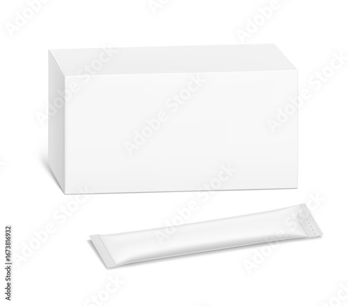 Blank package stick mockup with paperboard box mockup. Flat lay view. Vector illustration isolated on white background. Can be use for food, cosmetic, medicine and etc. EPS10.