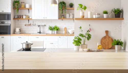 wooden top table with blurry background modern kitchen set